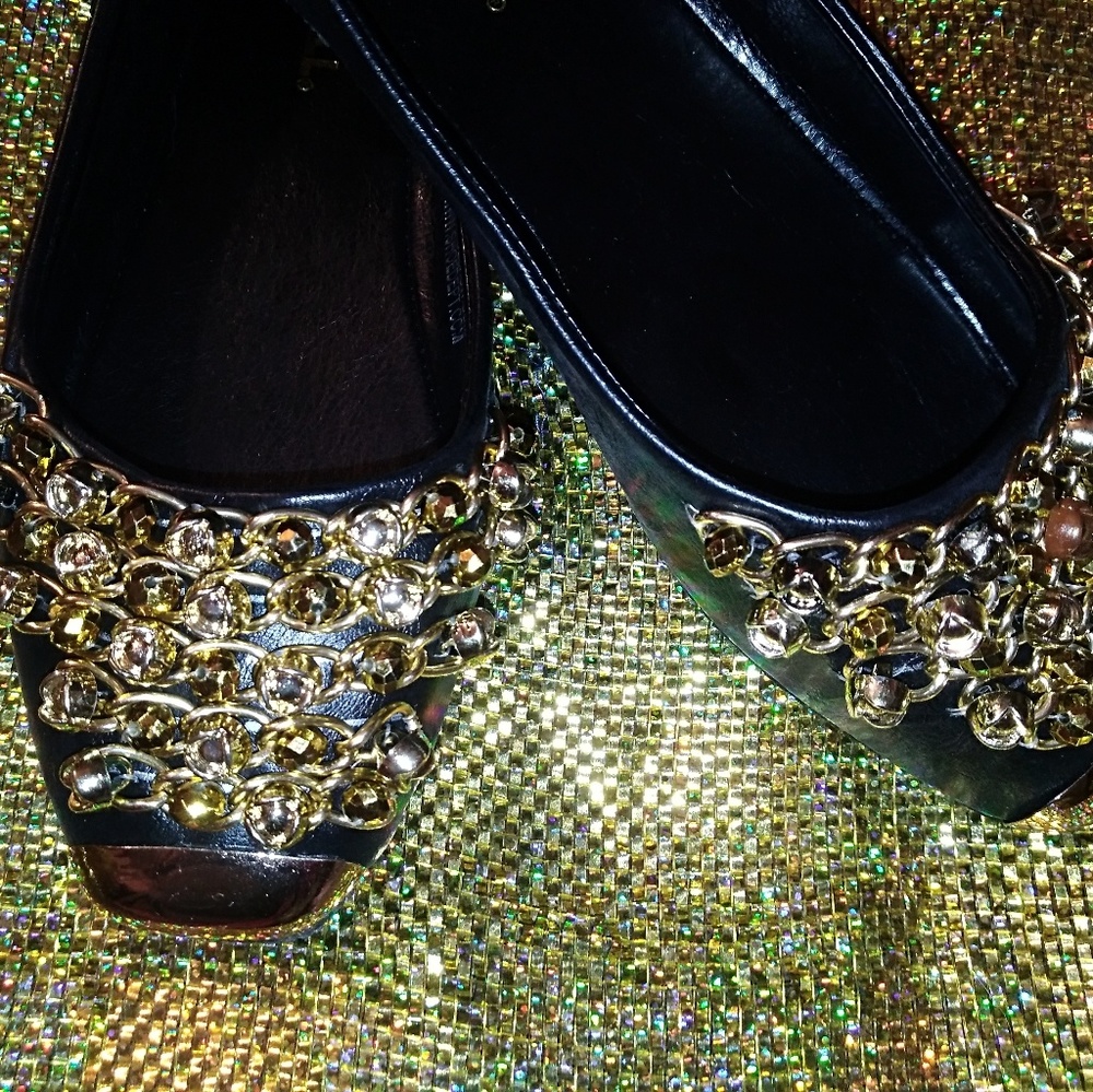 No Call Black Flats with Gold Chain Embellishments